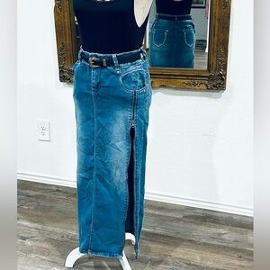 Vtg Western Denim Maxi Skirt w/ rhinestone, embroidery, double zipper accents